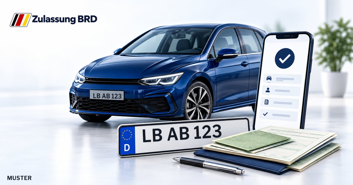 Online Fahrzeugzulassung in Möglingen: Musterkennzeichen LB AB 123, Auto und Fahrzeugpapiere und Smartphone. Illustration mit Logo von Zulassung BRD.